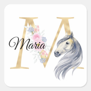 M letter gepersonaliseerde naam monogram met paard vierkante sticker