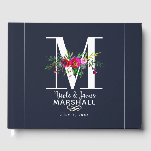 M Letter Initiaal Monogram Bloemen Naam Bruiloft Gastenboek (Voorkant)
