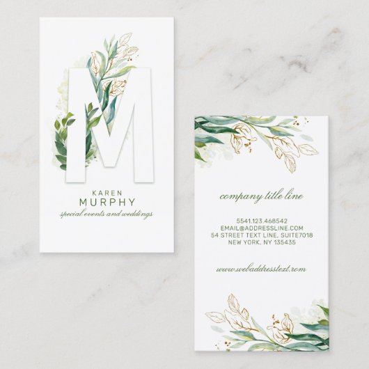 M Letter Monogram Gold Greenery Leaves Elegant Visitekaartje (Voorkant / Achterkant)