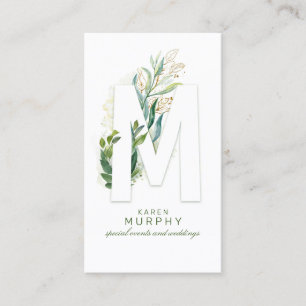 M Letter Monogram Gold Greenery Leaves Elegant Visitekaartje