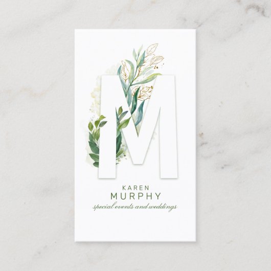M Letter Monogram Gold Greenery Leaves Elegant Visitekaartje (Voorkant)