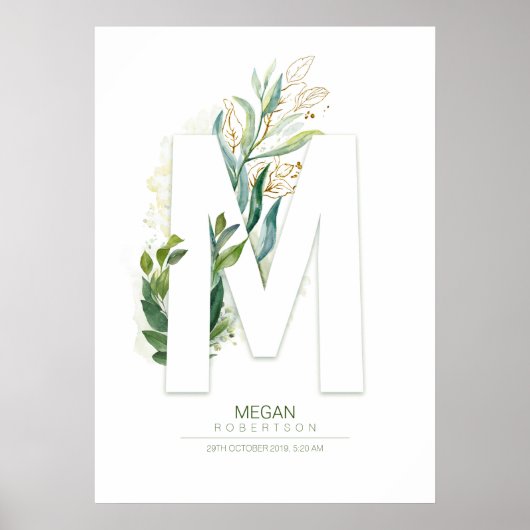 M Letter Monogram Goud Groene Bladeren Chic Poster (Voorkant)