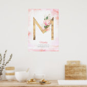 M Letter Monogram Gouden Bladeren Roze Magnolia Bl Poster (Keuken)