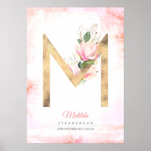 M Letter Monogram Gouden Bladeren Roze Magnolia Bl Poster