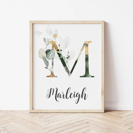 M Letter Monogram Groene Nursery Naam Muurprint Poster