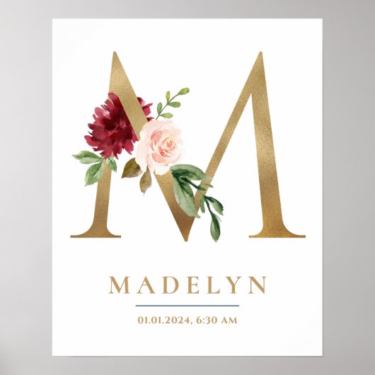 M Letter Monogram Naam Marsala Bloemenkwekerij Poster (Voorkant)