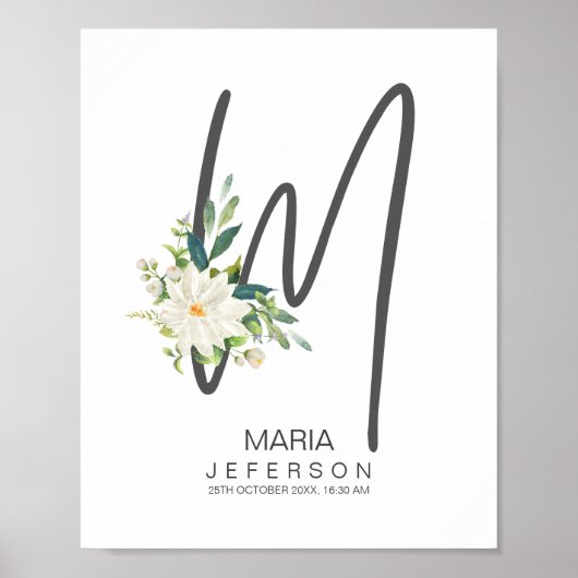 M Letter Monogram Roze Bloemendecor Poster (Voorkant)