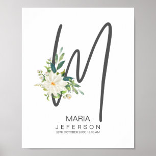 M Letter Monogram Roze Bloemendecoratie Poster