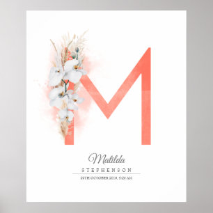 M Letter Monogram White Orchids and Pampas Grass Poster