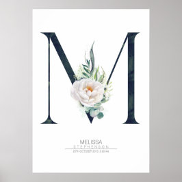 M Letter Monogram Witte Bloemen en Groene Planten Poster