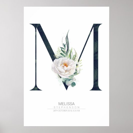 M Letter Monogram Witte Bloemen en Groene Tinten Poster (Voorkant)
