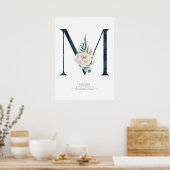 M Letter Monogram Witte Bloemen en Groente Poster (Keuken)