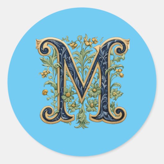 M monogram blauw-gouden bloem ronde sticker (Voorkant)
