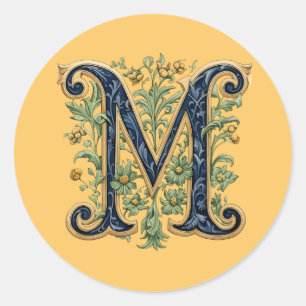 M monogram blauw-gouden bloem ronde sticker