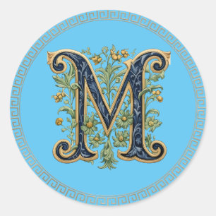 M monogram blauw-gouden bloem ronde sticker
