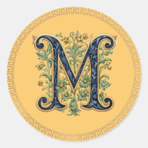 M monogram blauw-gouden bloem ronde sticker