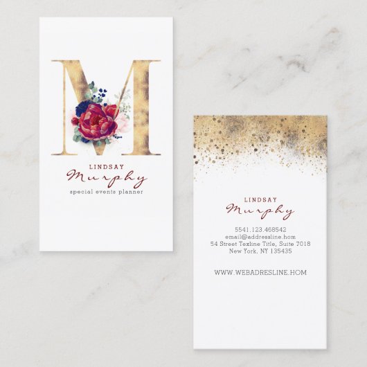 M Monogram Bourgogne Goud en Marine Blauwe Bloemen Visitekaartje (Voorkant / Achterkant)