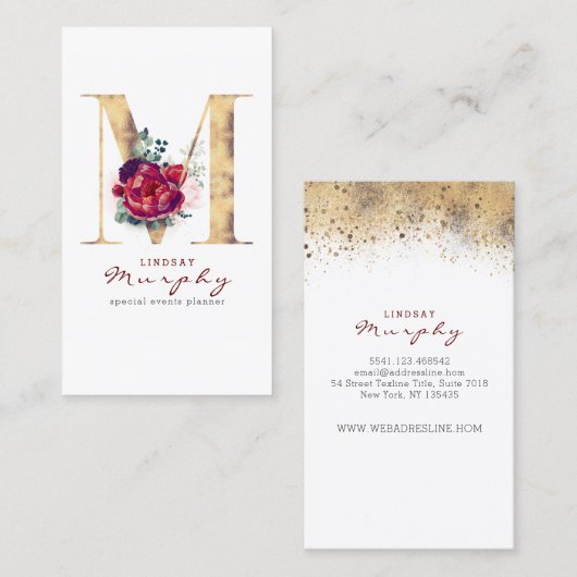 M Monogram Bourgondische rode bloemen en gouden gl Visitekaartje (Voorkant / Achterkant)