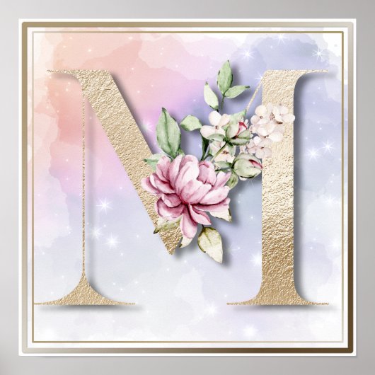 M Monogram Burgundy Floral Poster (Voorkant)