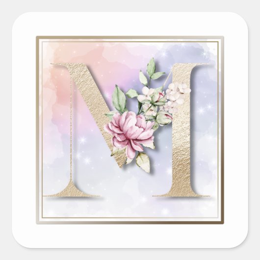M Monogram Burgundy Floral Square Sticker (Voorkant)
