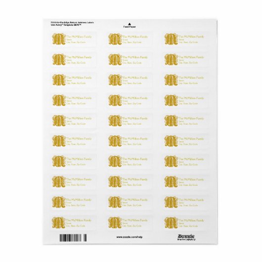 M Monogram "Gouden Kant" ontwerp Adreslabels Etiket (Full Sheet)