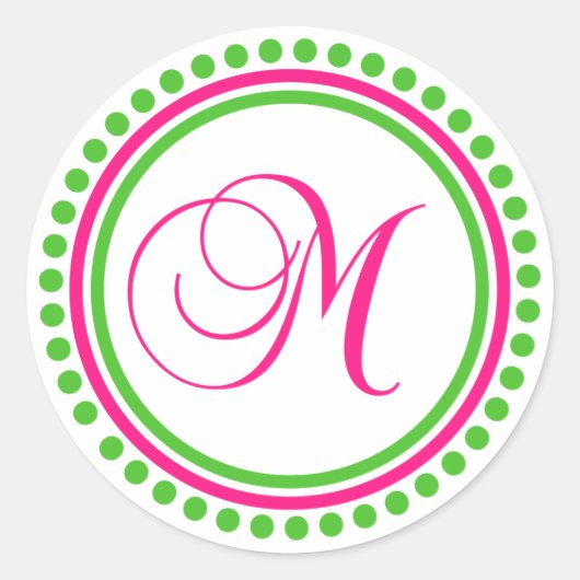 M Monogram (Hot Pink / Green Dot Circle) Ronde Sticker (Voorkant)