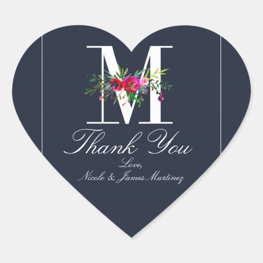 M Monogram Laatste Initiaal Modern Blauw Bloemig H Hart Sticker (Voorkant)