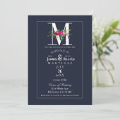 M Monogram Laatste Initiaal Modern Blue Floral Wed Kaart (Staand voorkant)