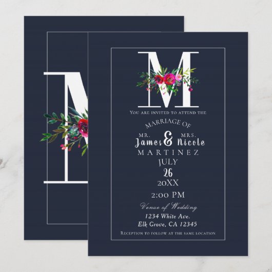 M Monogram Laatste Initiaal Modern Blue Floral Wed Kaart (Voorkant / Achterkant)
