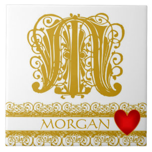 M Monogram Naam Gold Lace Red Heart Sjabloon Tegel Tegeltje