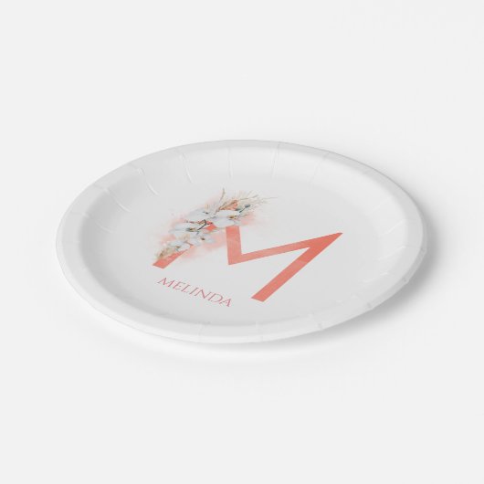 M Monogram naam Pampas Gras Witte Orchideeën Papieren Bordje (Gekanteld)