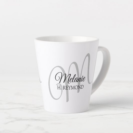 M monogram name & initiaal mooi wit latte mok (Rechterhoek)