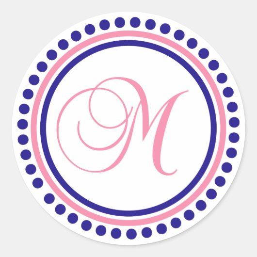 M Monogram (Navy Blue / Pink Dot Circle) Ronde Sticker (Voorkant)