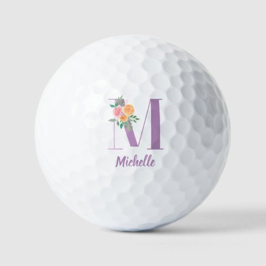 M Monogram Paarse Bloemen Waterverf Gepersonalisee Golfballen (Voorkant)