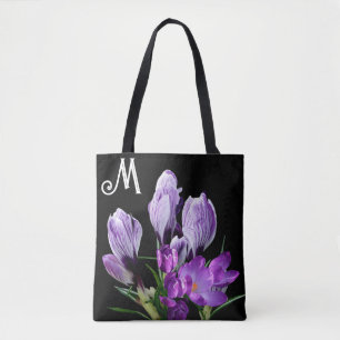 M monogram paarse krokusbloemen trendy boho hot tote bag