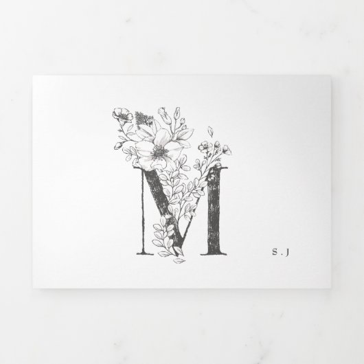 'M' Monogram prachtig geborsteld Floral Wedding Drieluik Uitnodiging (Cover)