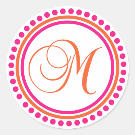 M Monogram (roze / Oranje puntcirkel) Ronde Sticker (Voorkant)