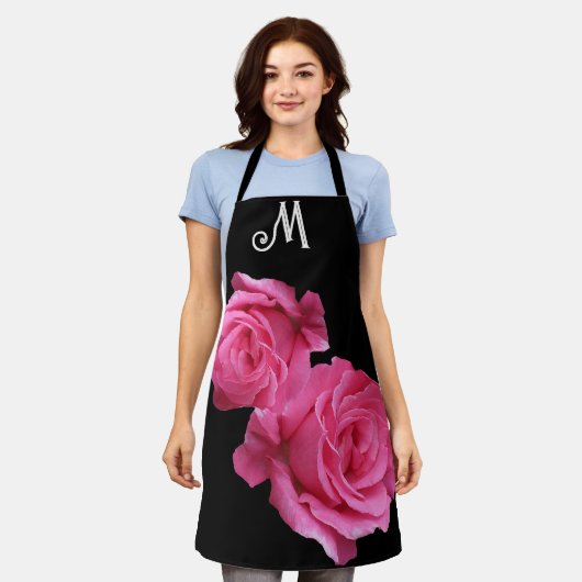  M monogram  roze rozenbloem Schort (Gedragen)