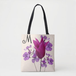 M monogram  roze tulpenbloem paarse girly tote bag