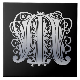 M Monogram Silver Lace op zwarte keramische Tegel Tegeltje