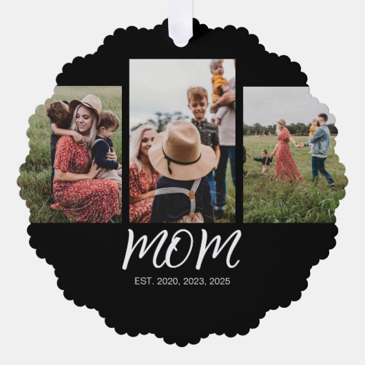 Ma Opgericht Modern Script Zwart 3 Foto Ornament Kaart (Voorkant)