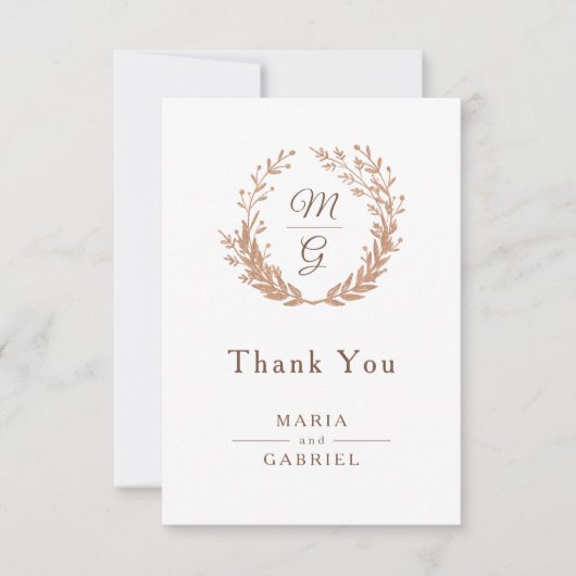 Maag van de gouden loof met een monogram. bruiloft bedankkaart (Voorkant)