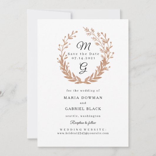 Maag van de gouden loof met een monogram. bruiloft save the date (Voorkant)