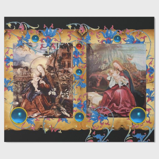 MAAGD EN KIND, BLOEMIG KERSTPERKAMENT CADEAUPAPIER (Vlak)