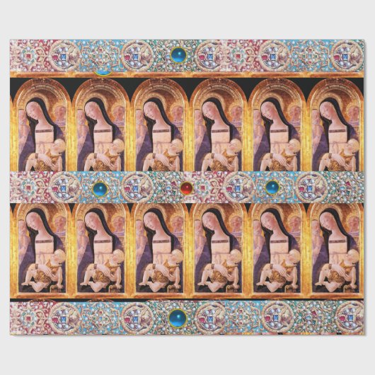 MAAGD EN KIND, ENGELEN MET RODE BLAUWE EDELSTENEN CADEAUPAPIER (Vlak)