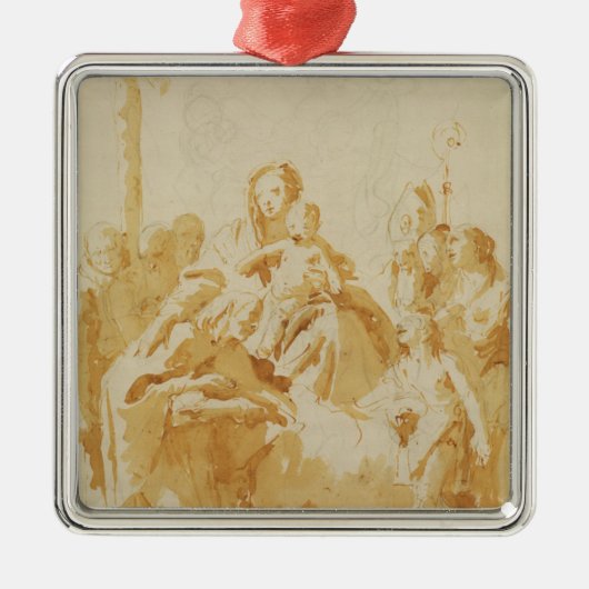 Maagd en kind, geadheerd door bisschoppen, monnike metalen ornament (Voorkant)