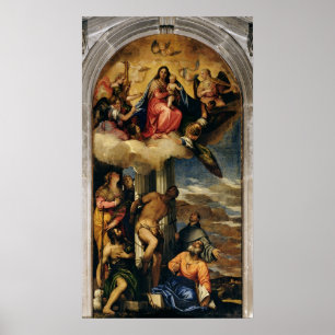 Maagd en kind met engel-musici en heiligen poster