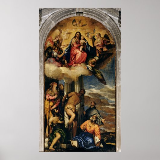 Maagd en kind met engel-musici en heiligen poster (Voorkant)