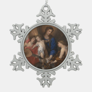 Maagd en kind met muziek die Angels maken Tin Sneeuwvlok Ornament