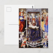 Maagd en kind op de troon met muziek maken engel briefkaart (Voorkant / Achterkant)